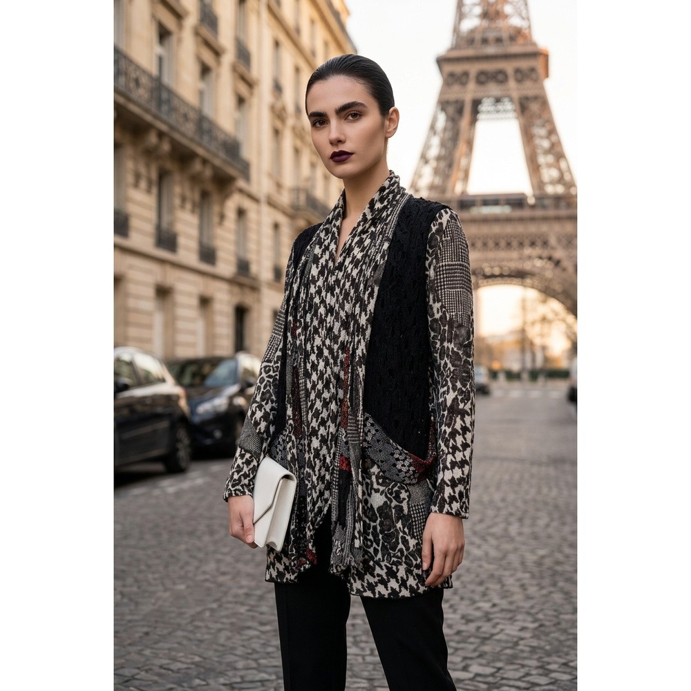 Vintage Concept Mixed Print Crochet Lace Open Front Cardigan XL Black White Red